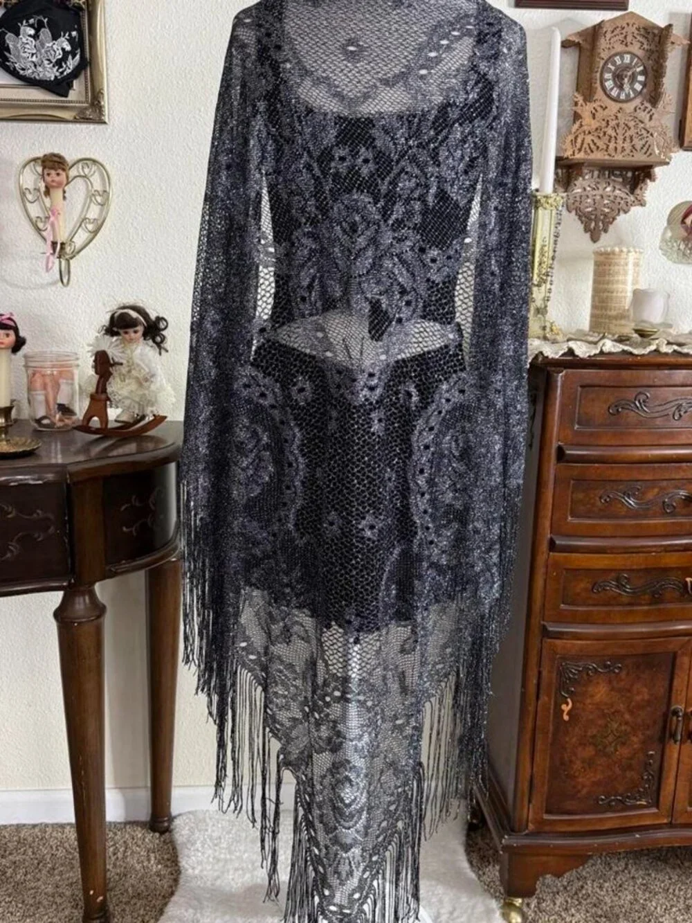 Vintage witchy whimsigoth boho silver sheer floral fringe shawl